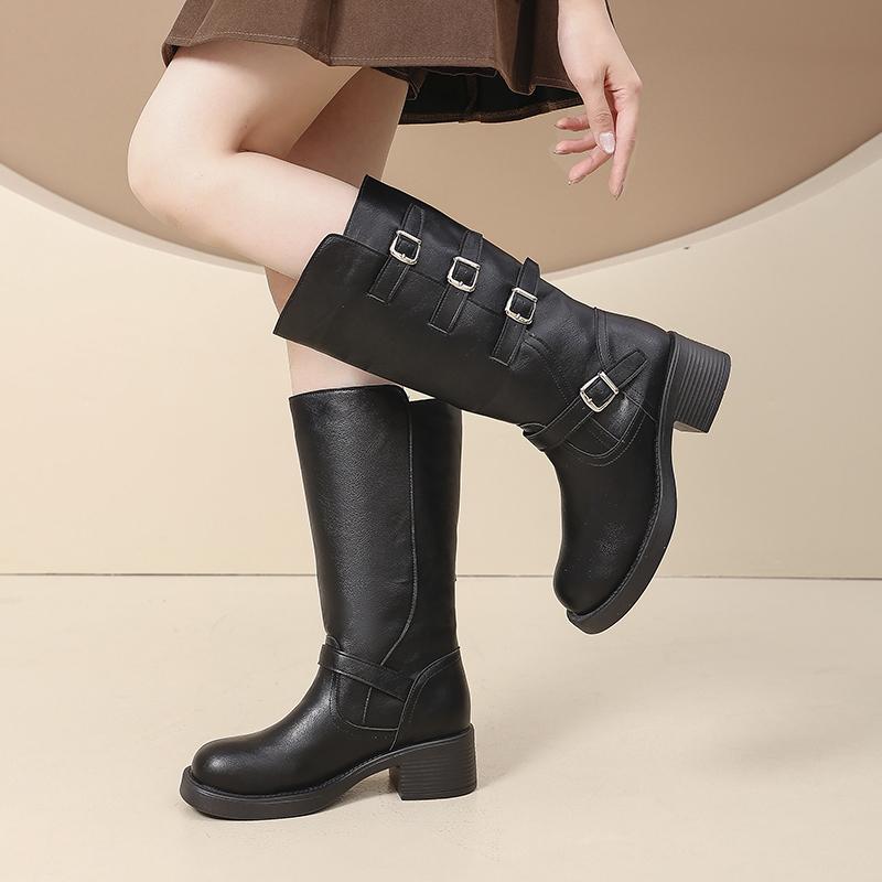 Ботильоны до середины икры с круглым носком, новые осенне-зимние, на толстом каблуке, в британском стиле, универсальные, с темпераментом, модные ботинки для женщин