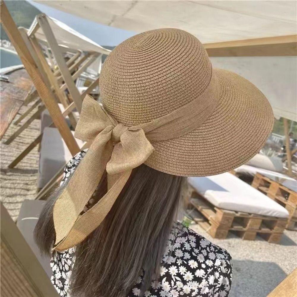Wide Brim Beach Cap Bowknot Straw Hat Summer Bucket Hat for Women