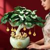 13.8" Chinese Money Tree with Synthetic Jade Base, Artificial Tree Feng Shui Wealth Decor with Golden Fortune Cat, Yuanbao Flower Pot & Coin Pendant