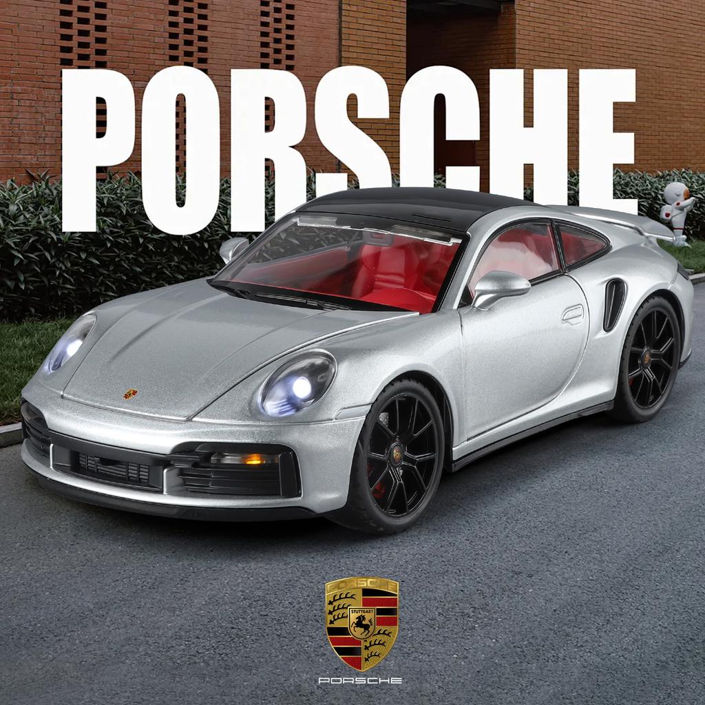 pdbn6 1/24 Porsche 911 Turbo S Diecast Alloy Metal Toy Car Miniature Model Pull Back Sound & Light Doors Openable Collection Gift Boy