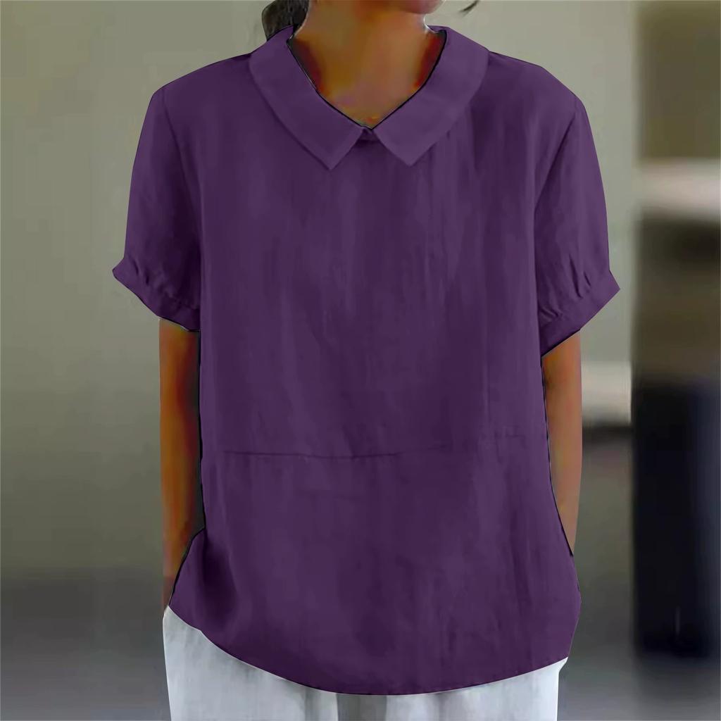 Loose Collar Shirt, Women's Short Sleeved Pure Cotton Top