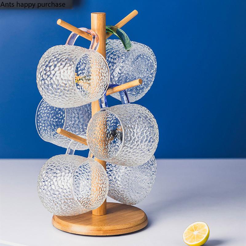 Деревянный подстаканник Прозрачный стеклянный стакан с ручкой Шестисекционный костюм Подстаканник для слива Кружка Перевернутая стойка для хранения Держатели для стаканов