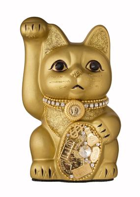 Счастливый Кот Кот-Миллионер (M-SIZE Золотой) Поднята правая лапа / Керамика _ Счастливый Кот Манеки-нэко Благоприятный Фэн-шуй Орнамент (мл_М Золотой)