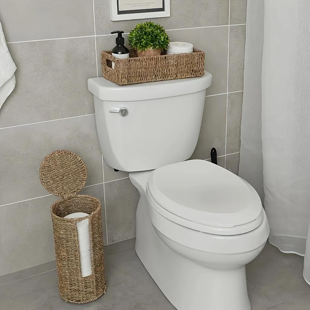 Rustic Woven Iron Toilet Paper Holder - Freestanding 3-Roll Tissue Storage Organizer Natural Wicker Functional Bathroom Decor