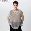 Men Hollow Out Mesh Tops Casual Party Oversleeve See Through T-shirts