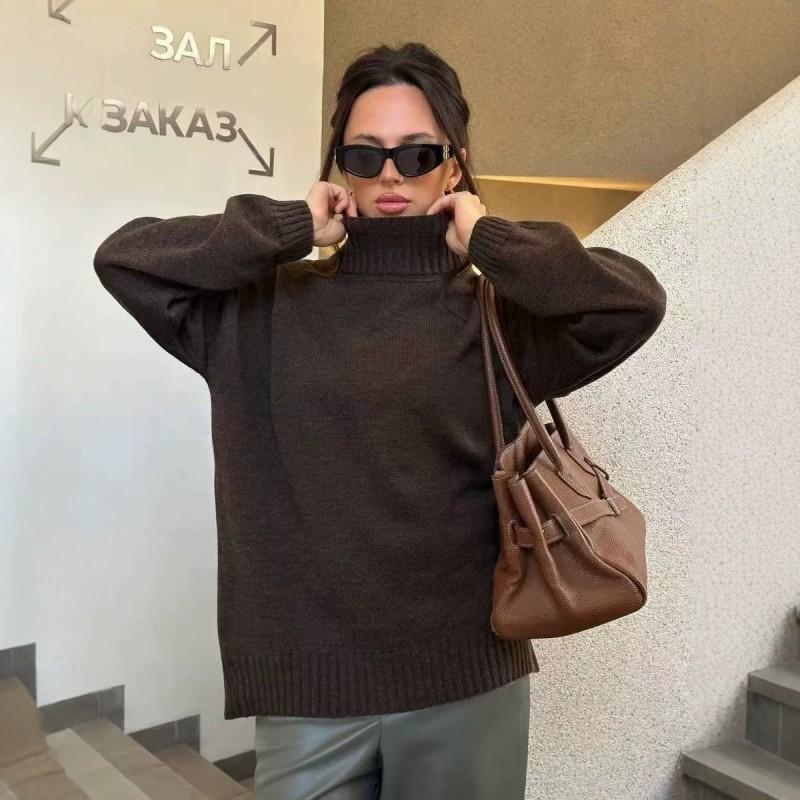 Oversized High Neck Knit Sweater Women Loose Fit Casual Pullover In Coffee Grey Soft Acrylic Blend 2026