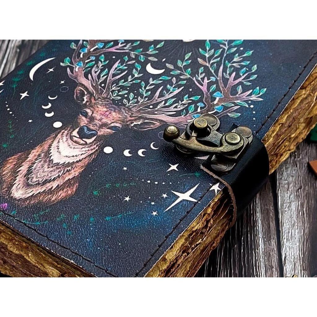 Vintage Leather Deer Moon Journal For Men Women with Lock Antique Handmade