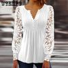 Модные ажурные женские кружевные блузки с длинным рукавом, однотонные топы с V-образным вырезом, однотонные плиссированные винтажные блузки для женщин, повседневные тонкие белые рубашки