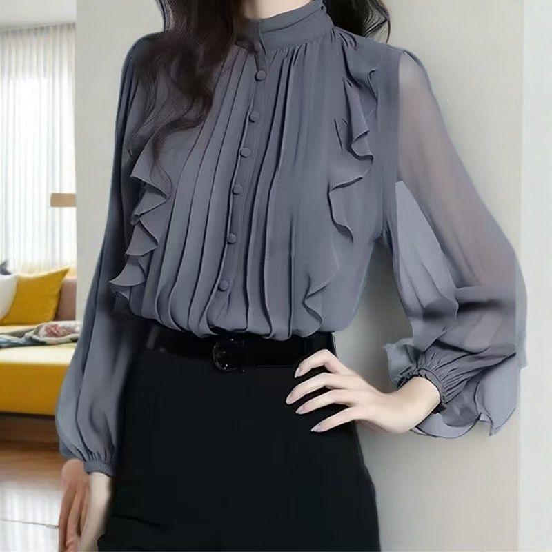 Women Fashion Ruffled Stand Collar Long Sleeve Chiffon Blouse Top