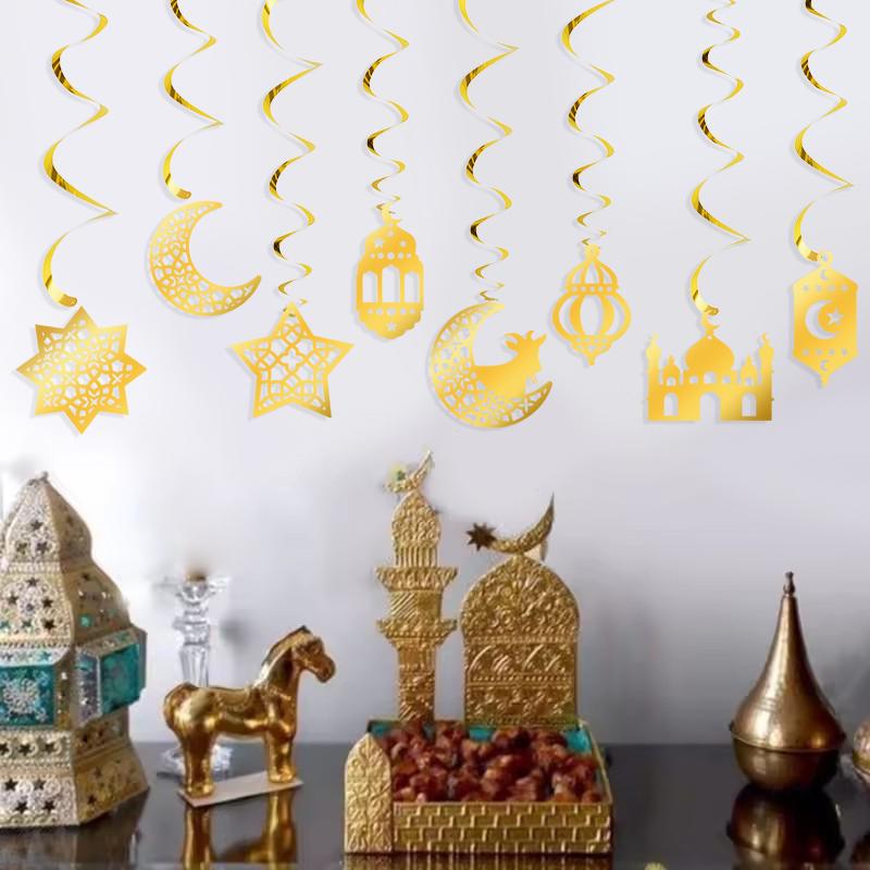 Eid Mubarak Paper Banner Garland 2025 Ramadan Moon Star Mosque Hanging Swirl Home Decoration Ornaments Islamic Muslim Party Gift