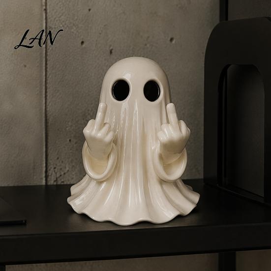 Quirky Ghost Figurine Halloween Figurine, Funny Spooky Middle Finger Statue, Table Decorations, Cartoon Cute Resin Holiday Desktop Ornament Decor for