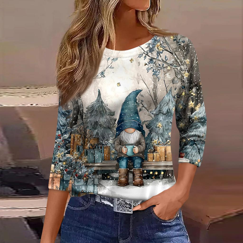 Women's Fashion Casual Three-quarter Sleeve Christmas Printed  Neck Top