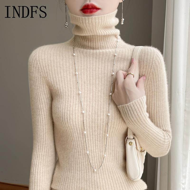 INDFS Women's Fashion Casual Fall Winter Solid Color Print Long Sleeve High Neck Sweaters