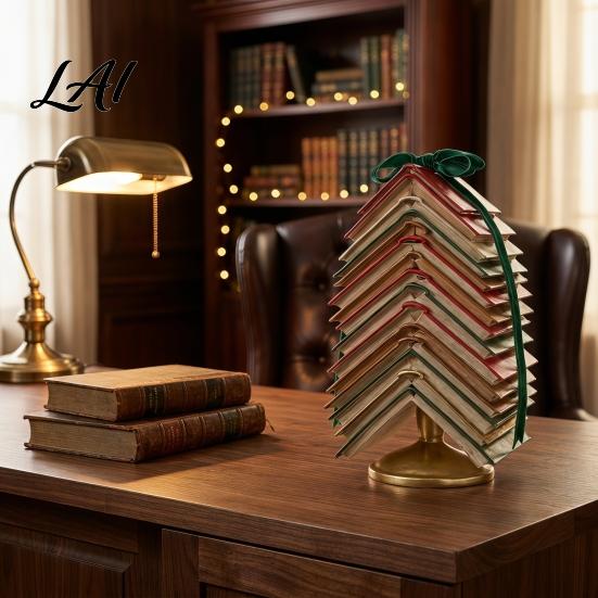 Sophisticated Velvet Bow Book Decor Stacked Christmas Tree Tabletop Decor Resin Page Ornament for Home Bookshelf Holidays Office Desk Rustic Holiday