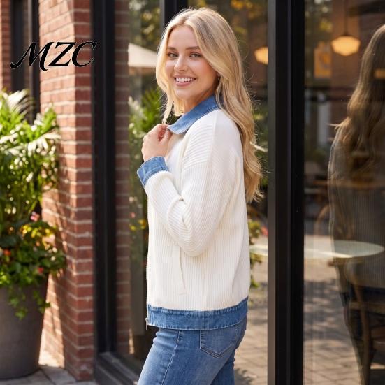 Casual Everyday Top Women Corduroy Denim Zip-Up Jacket, Long Sleeve Coat, Relaxed Fit Jacket Fall Winter with Contrast Turndown Collar Spliced Coat
