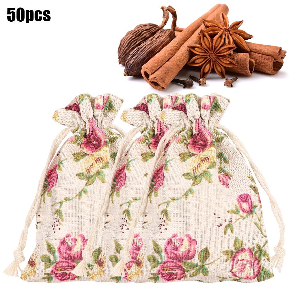 50PCs Burlap Bag Drawstring Flower‑Pattern Jewelry Packing Christmas Day Wedding Party