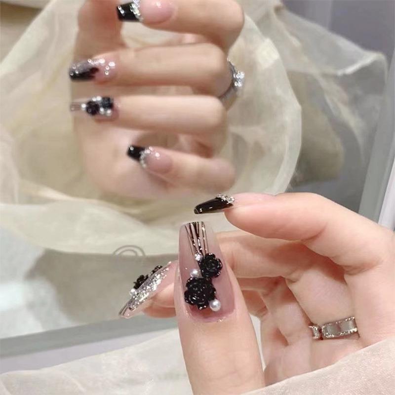 24 шт. средних накладных ногтей квадратные 3D камелия черный галстук-бабочка дизайн ногтей французский