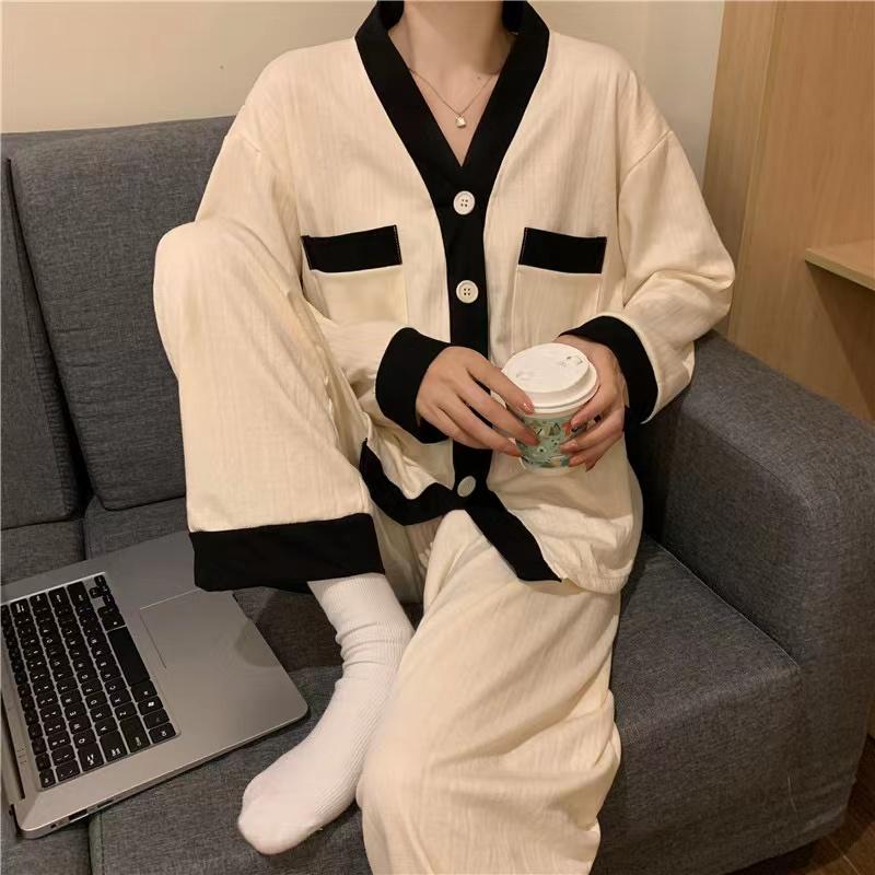 Повседневная женская пижама с V-образным вырезом и пуговицами, весенняя повседневная простая пижама для женщин с длинным рукавом, женская одежда для сна