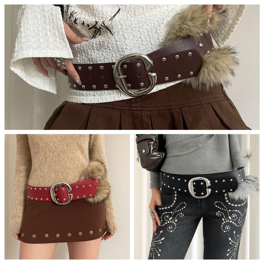 Rivet Leather Fur Belt Faux Fur Plush Belt Vintage Y2K Waistband Spicy Girl