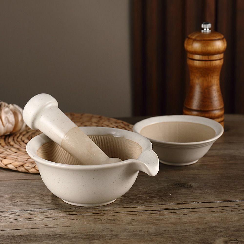 Ceramic Grinding Bowl Rod Set Durable Garlic Mortar Pestle Rice Paste Bowl Pedestal Bowl