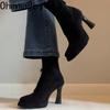 Винтажные замшевые женские ботильоны до щиколотки Осень Зима Толстый каблук Обувь для девочек Женские элегантные эластичные облегающие короткие ботильоны
