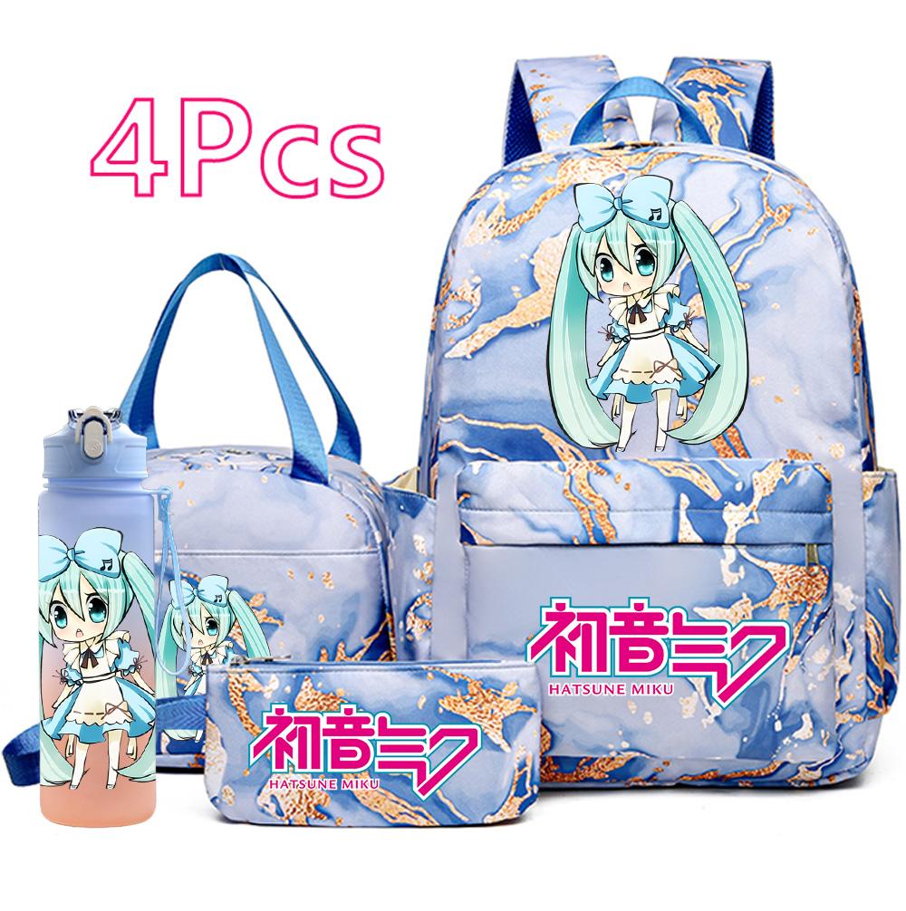 4 шт./комплект Рюкзак с принтом Хацунэ Мику, Сумка, Пенал, Бутылка для воды 750 мл для Подростка Мальчика Девочки, Большой Вместимости, Водонепроницаемый Школьный Ранец, Подарок Студенту
