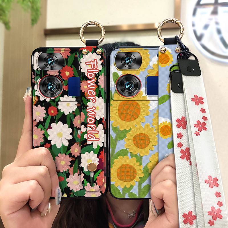 Waterproof Kickstand Phone Case For ZTE Nubia Z60 Ultra Oil Painting Soft Case Fashion Design Flower Anti-knock Lanyard