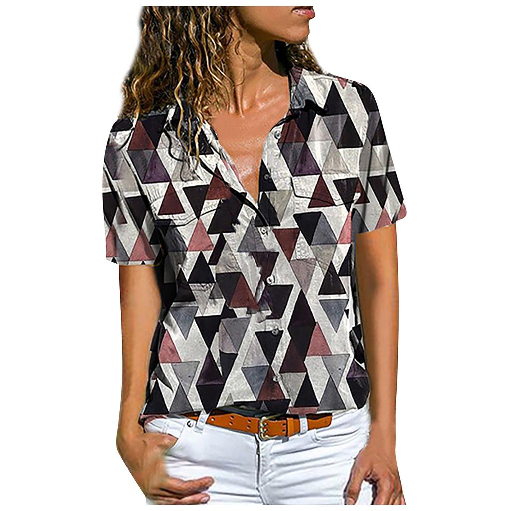 Womens Fashion Casual Short Sleeve Print Button V-Neck T-Shirts Tops Blouse
