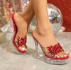 New Sexy 12CM Thick Heel Women's Shoes - Fashionable Transparent Nightclub Style with Crystal Square Head, Non-slip & Rhinestone Decor