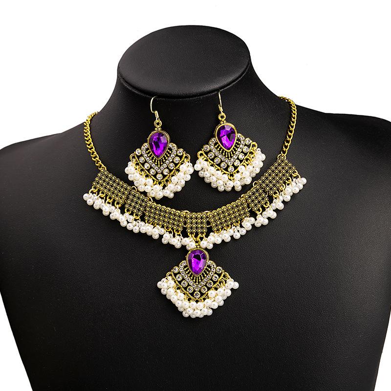 Vintage Exaggerated Rhinestone Necklace, Dinner Dress Geometric Square Jewelry Set With Diamond Water Drop Earrings For Women