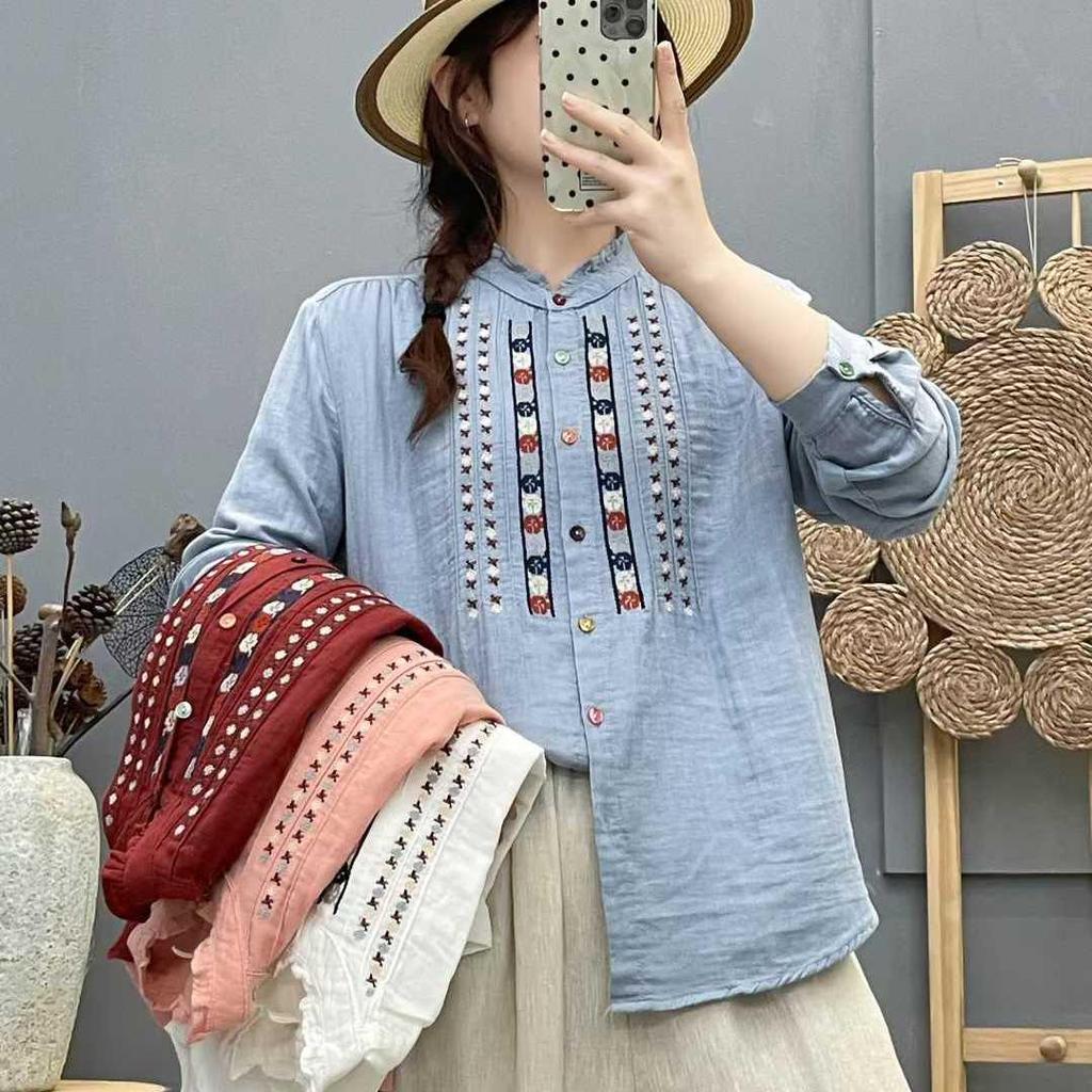 Женская хлопковая рубашка с длинным рукавом и вышивкой, этнический стиль, свободный крой, ретро, стройнящий топ