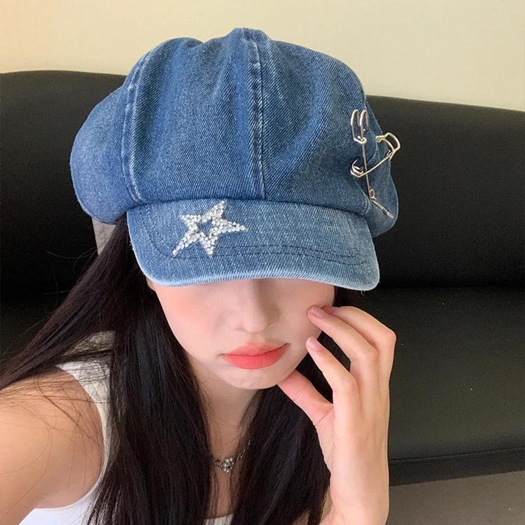 Y2k Original Star Rhinestone Niche Versatile Berets Caps for Women Spring and Autumn Ins Retro Denim Octagonal Newsboy Hats