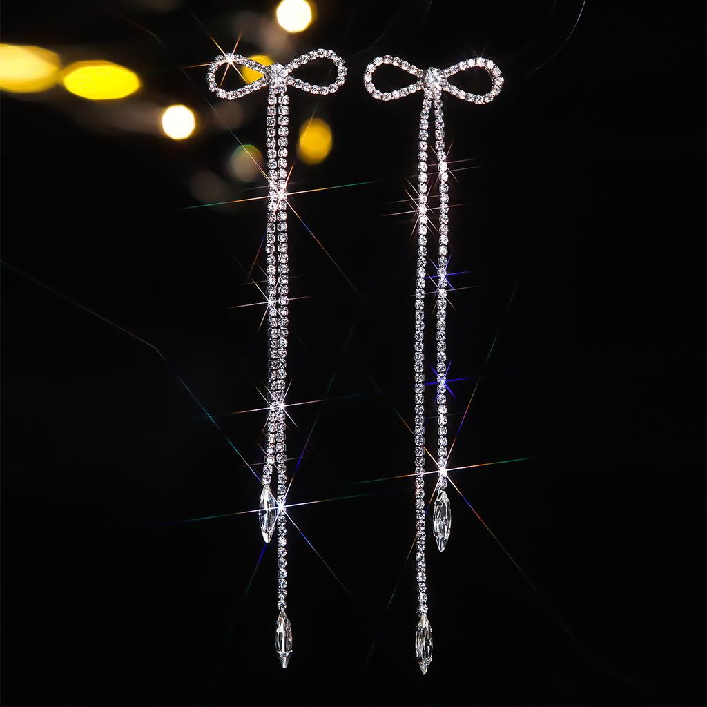 Высококачественные роскошные длинные серьги-кисточки, модные блестящие серьги-бантики со стразами, женские серьги, 1 пара