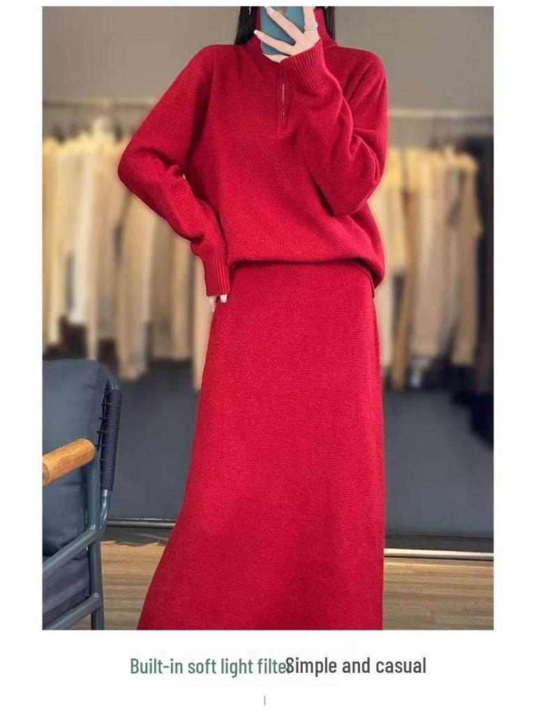 Вязаный комплект из двух частей на молнии с высоким воротником Осень/Зима 2025 с топом с длинными рукавами и юбкой выше колена