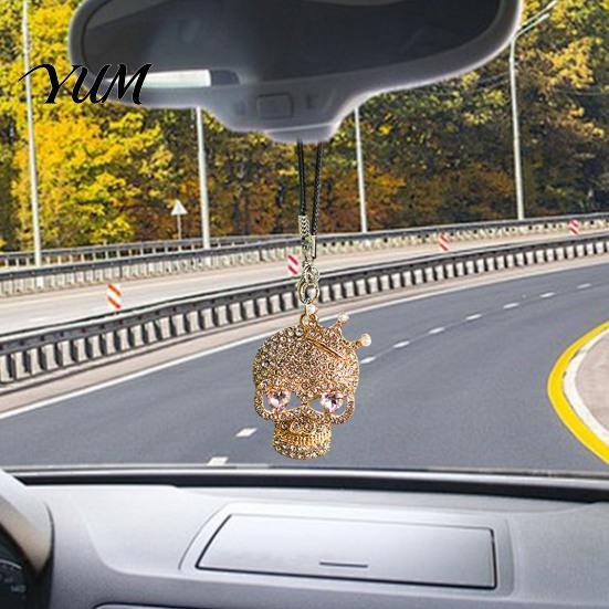 Matte Alloy Skull Pendant Bling Car Hanging Accessories, Rhinestone Head Rear Dynamic Ornament View Mirror Charm, Gothic Halloween for Interior
