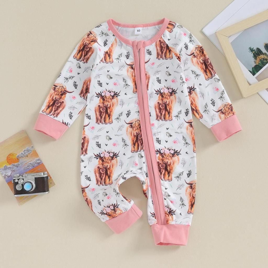 Baby Girls Fall Crewneck Romper 3M 6M 12M Long Sleeve Cattle Print Oblique Zipper Jumpsuit