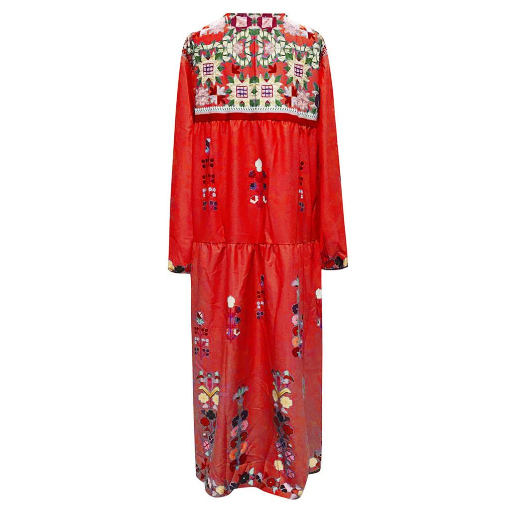 Women Plus Size V Neck Print  Long Sleeve Boho Dress Party Maxi Dress