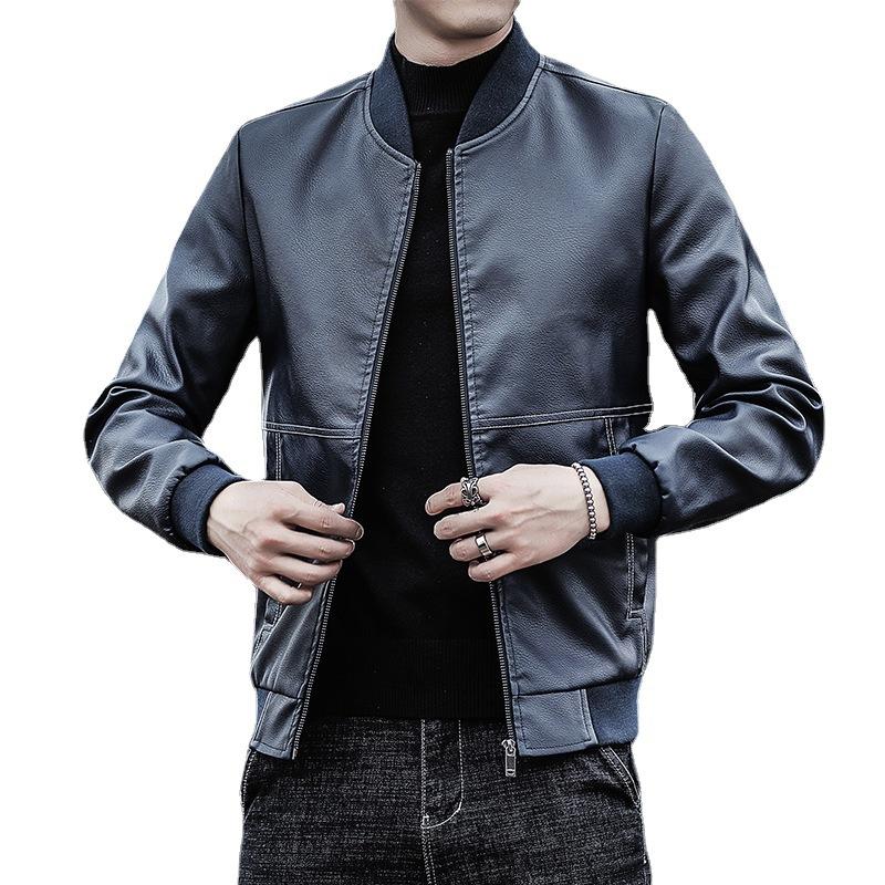 New Men's Baseball Collar Leather Jacket Korean Style Trendy Slim Handsome Jacket Men's Motorcycle Super Cool Men's Clothing