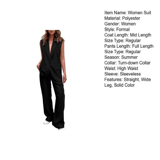 2 Pcs/Set Women Coat Pants Set Lapel Single Button Mid Length Cardigan Sleeveless Jacket Wide Leg High Waist Straight Trousers Lady Formal Commute