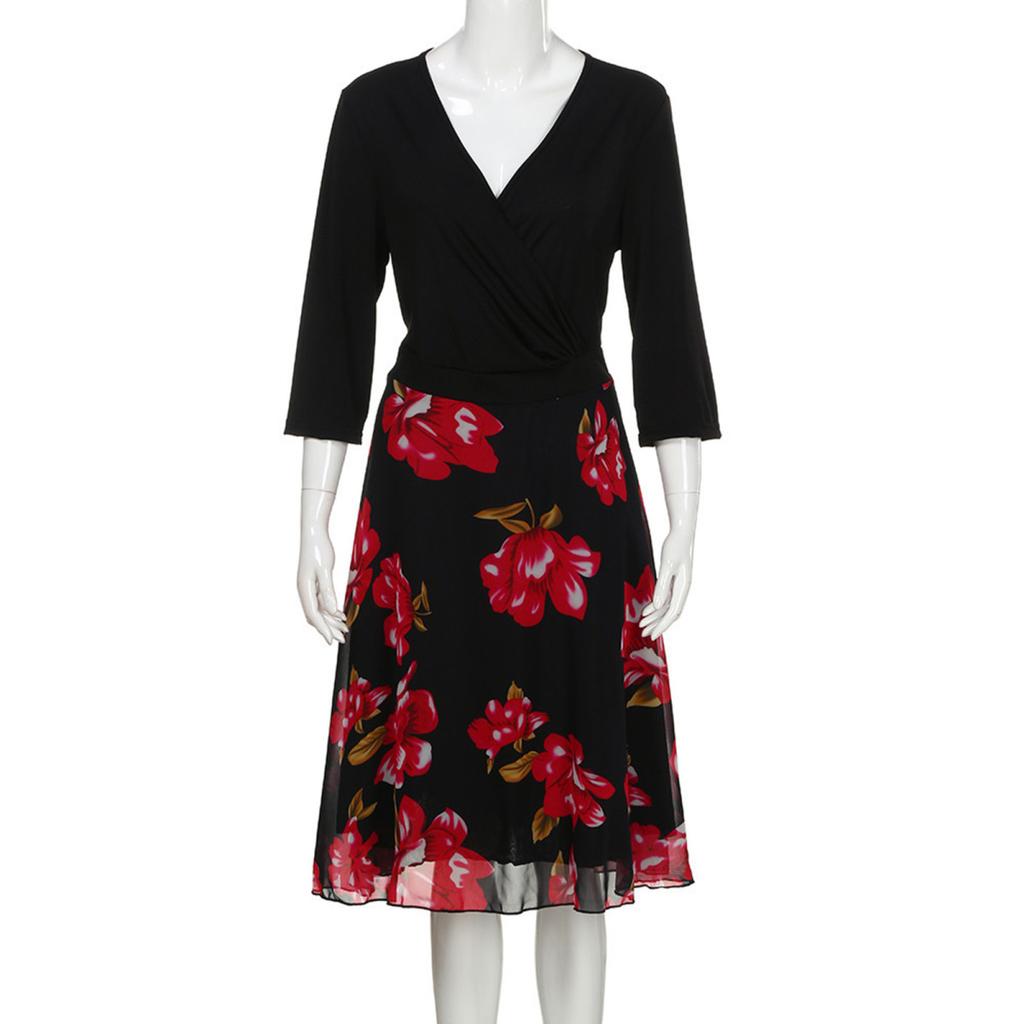 Yousheng Plus Size Dress Deep V Neck A-line Double-layered Hem Mid Sleeves Flower Printing Midi Dress Prom Party Evening Dress