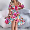 Women's Spring Summer Casual Flower Square Collar Short Sleeve Waist Pinched A-line Dress