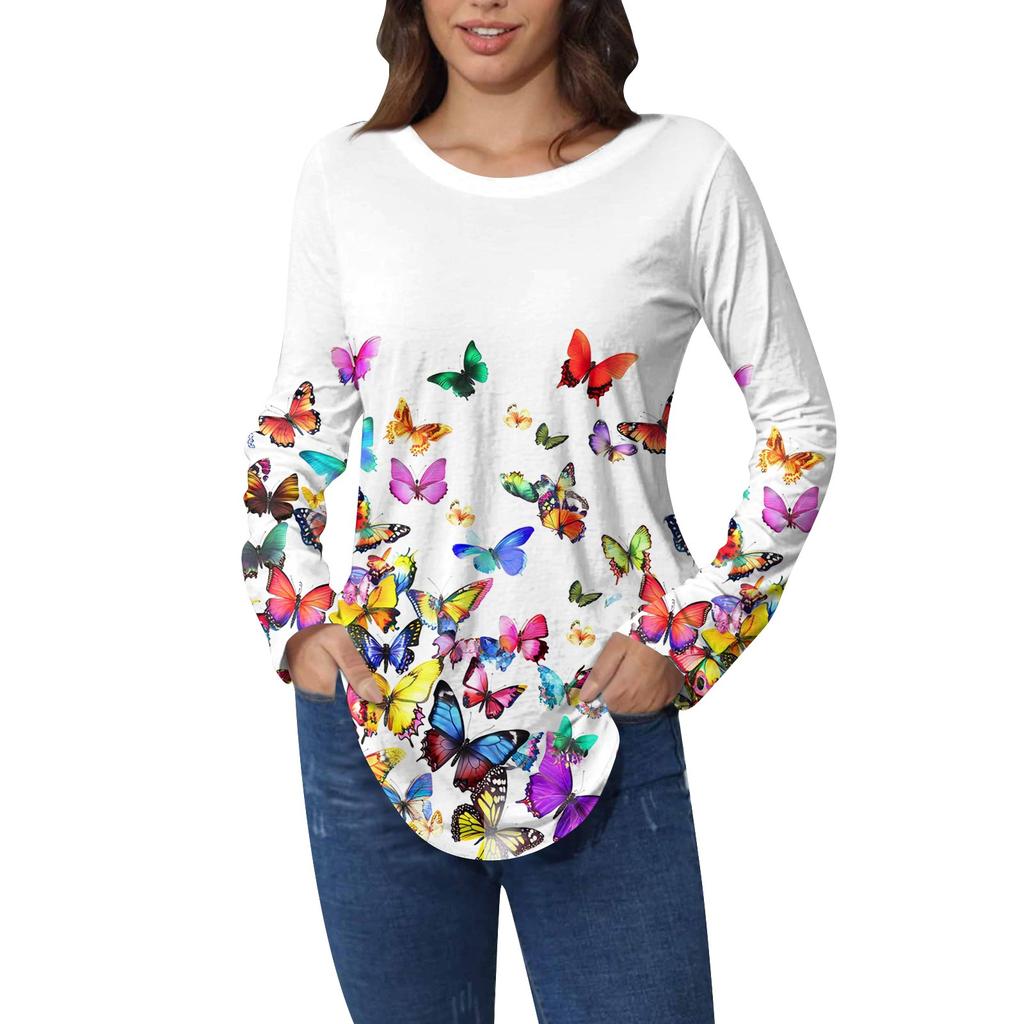 Рубашки для женщин Милые винтажные узоры с принтом Футболка с длинным рукавом Туника Топы Хлопковые пуловеры