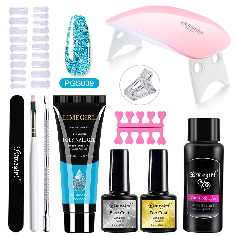 Набор полигелей для ногтей Limegirl Поли УФ-гель Прозрачный/Розовый акрил Быстро наращиваемый наращивание пальцев Набор инструментов для ногтей с отмачиваемым УФ-гелем-лаком