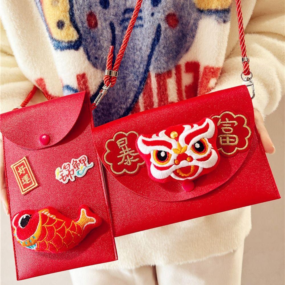 Cross Body PU Leather Red Envelope Tassel Lion Dance New Year Money Envelope  Celebration Party