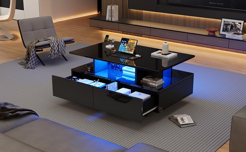 Modern High-Gloss Coffee Table with LED Lighting and 2 Drawers – Stylish 90x55x41 cm Side Table with Storage, Load Capacity up to 30 kg