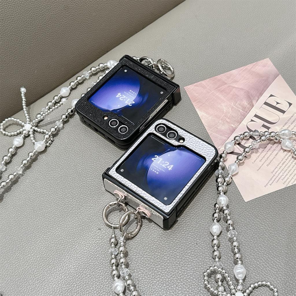 For Samsung Galaxy Z Flip7 FE 5G/Z Flip6 5G Case Hinge Protection Leather+PC Phone Cover with Crossbody Beaded Strap