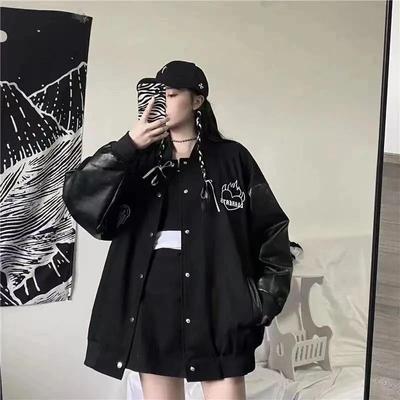 Черное пальто Женские куртки-бомберы в стиле пэчворк Bf Streetwear Корейская искусственная кожа с принтом свободного покроя Повседневная бейсбольная куртка