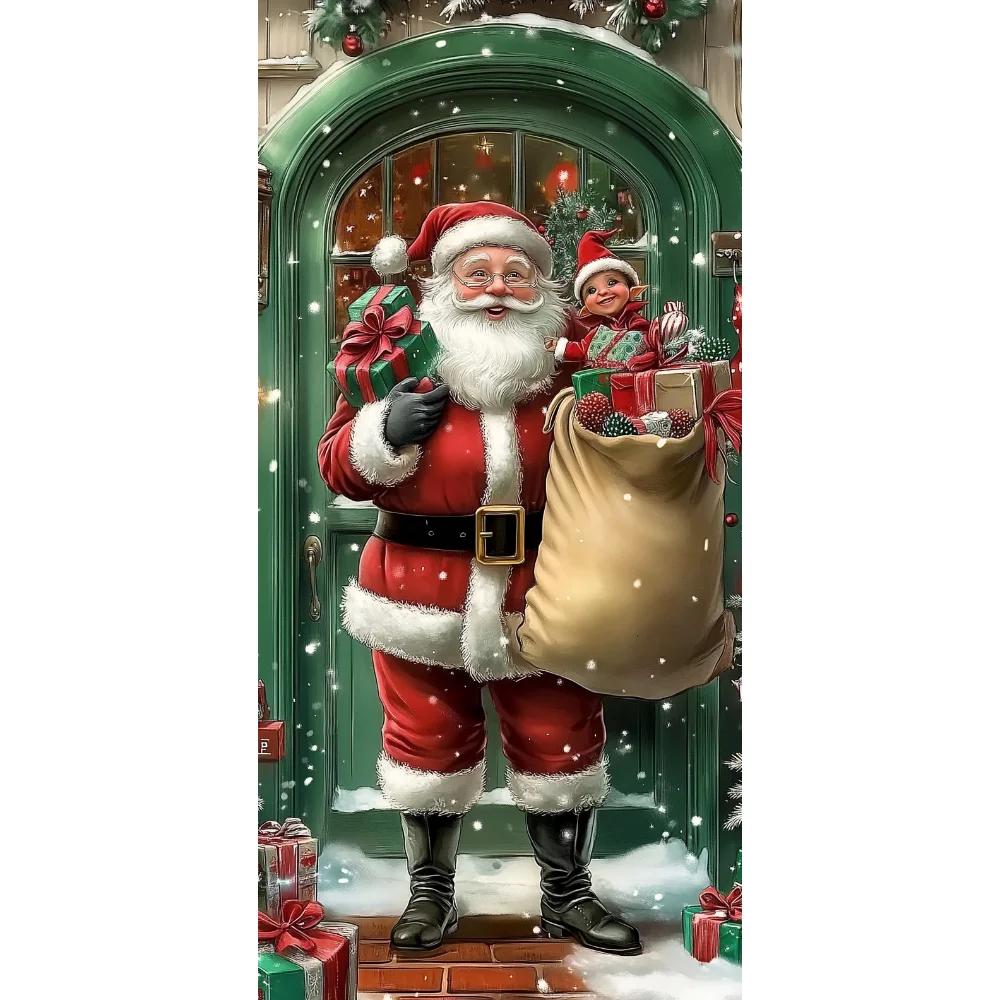 Vivid Santa Claus Send Gift Christmas Door Cover 35.43*72.83inch Banner Front Door Decoration 2025 Christmas Home Party Supplies