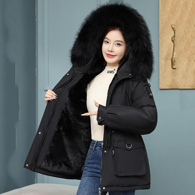 Autumn and Winter Women's Clothing with Thick Velvet, Overcoming The Big Fur Collar,Slimming and Slimming Cotton Jacket,Fashionable Casual Down Jacket
