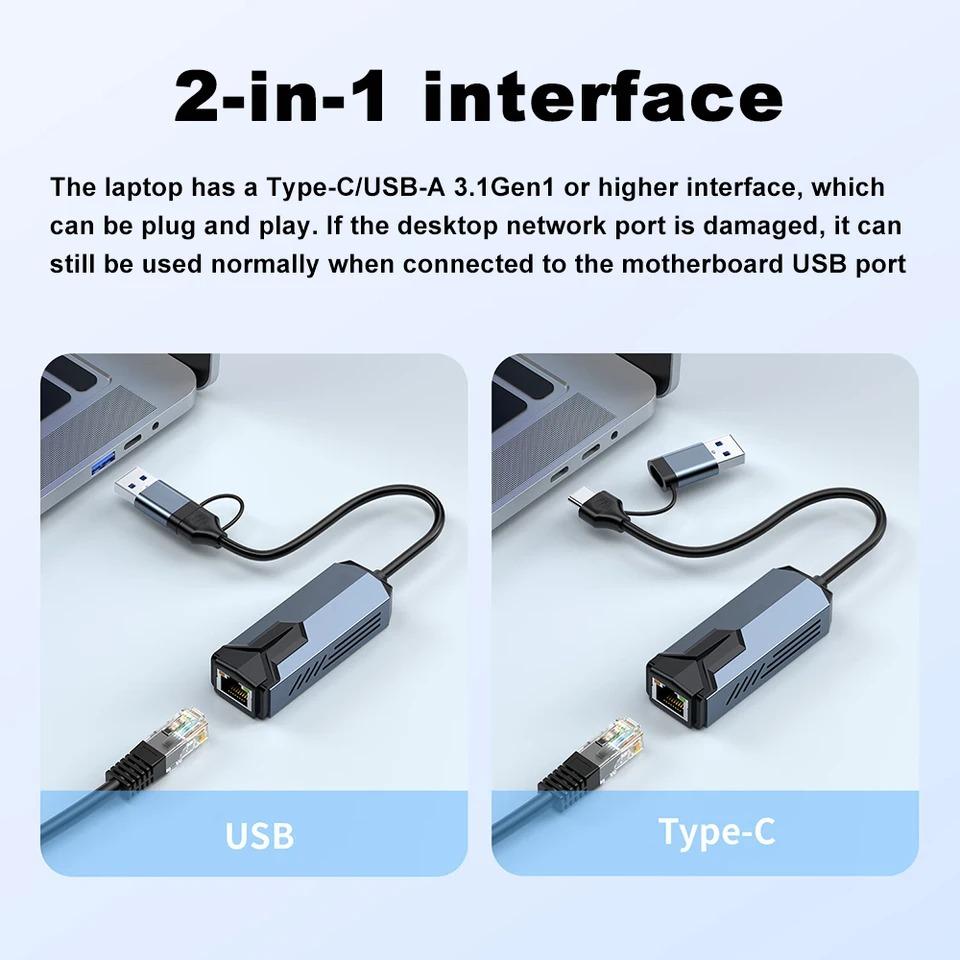 USB to Ethernet Adapter 5Gbps Type C (Thunderbolt 4/3 Compatible) to RJ45 Network Card Compatible for NAS Macbook Laptop